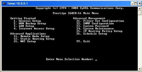 Zyxel 660 main menu